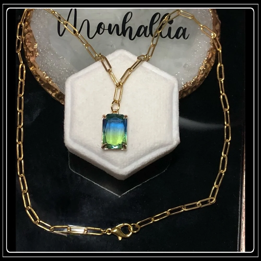 14k Gold Steel Emerald Cut Ombre Square Blue Topaz Tourmaline Paperclip Necklace - Picture 3 of 5